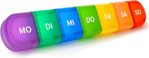 Tablettenbox 7 Tage, Pillendose 7 Tage 7 Teilbaren Fächer, handlicher und feuchtigkeitsbeständiger Medikamentenbox für die Hand- oder Hosentasche, um Medikamente aufzubewahren,Regenbogen