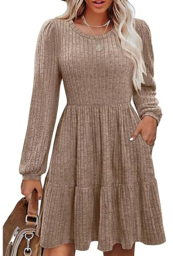 RPAEOY Vestiti Donna Invernali Maniche Lunghe con Scollo a Rotondo Elegante con Tasche Maglione Lavorato a Maglia Abito Casual Autunno e Inverno (Khaki/XL)