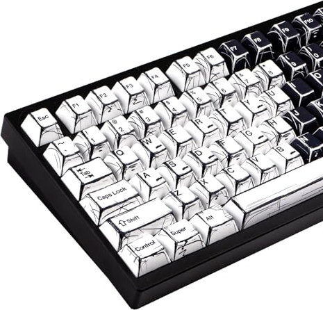 JOLINTAL 136 Tasten Schwarz und Weiß Japanisches Manga Thema Tastenkappen, Retro PBT Keycap, Dye Sublimation Cherry Profil Gaming Tastenkappen für ANSI Layout Cherry MX Switches Mechanische Tastatur