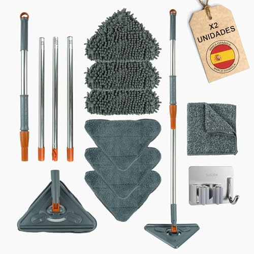 FINE SELECTIONS ®️ Pack 2 Mopas Triangular giratoria 360 | Mopa para Limpiar Azulejos y Paredes | Kit con Almohadillas de Chenilla y Microfibra | Trapo de Fibra de Bambú y Colgador de Acero Inoxidable