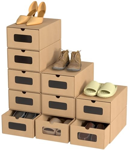 Hebitod Lot de 10 boîtes de rangement avec fenêtre - 33 x 30 x 35 cm - Boîtes à chaussures empilables en carton - Boîtes à chaussures - Boîtes à jouets - Rangement pour accessoires et accessoires