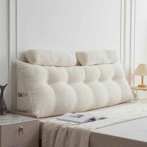Generisch Rückenkissen mit Nackenrolle, Beige 200 cm Groß Lesekissen für Bett und Sofa, Cozy Lang Keilkissen mit Seitentaschen & Waschbarem Bezug, Ergonomie Rückenpolster Kissen zum Anlehnen im Bett