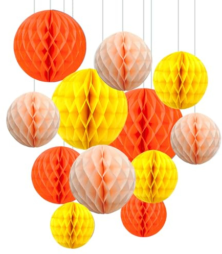 ZYOOO 12pcs Seidenpapier Wabenkugeln, 15/25cm Aufhängen Papier Wabenbälle für Party,Geburtstag,Abschlussfeier,Herbst, Thanksgiving,Halloween Deko (Orange,Gelb)