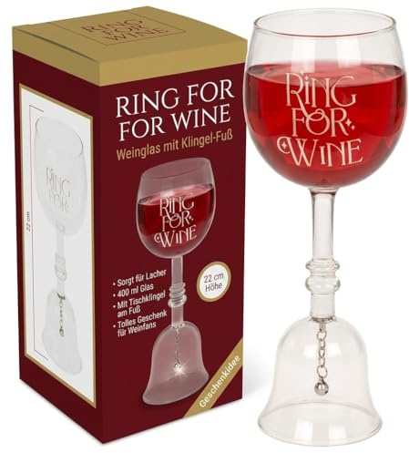 MIJOMA Weinglas mit Tischglocke – „Ring for Wine“, 400 ml Trinkglas mit Klingel-Fuß, originelles Weinglas für Damen & Herren, witziges Glas für Party, JGA, Geburtstag, 22 cm hoch