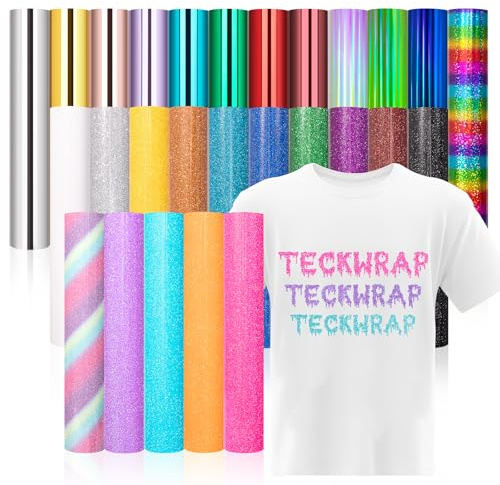 TECKWRAP Heat Transfer Vinyl Bundle 27 Sheets Metallic HTV Vinyl Sheets 12 x 10 Glitter Iron on VinylPack for T-Shirts, Clothes, Hats, Bags