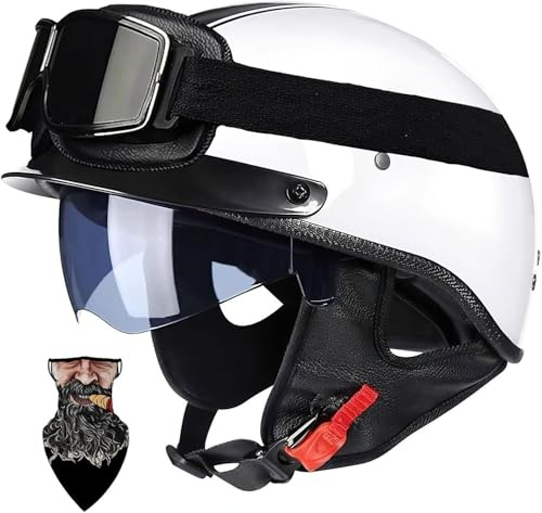 Kcolic Halboffener Vintage-Motorradhelm, Halbhelm, ECE/DOT-Zertifizierung, Mit Sonnenbrille Für Mopeds, Cruiser, Vintage-Jethelm, Schnellverschlussschnallen K,L57-58