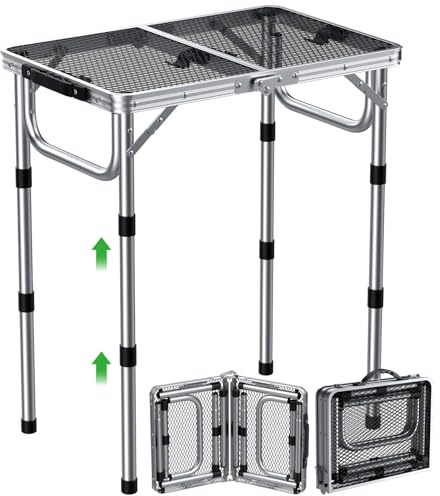 GARLLEN Grillbord, hopfällbart, 58 x 40 cm & justerbar höjd (26/48/70 cm), lätt och bärbart, fällbord, campingbord, sidobord, trädgårdsbord, picknickbord, litet grillbord för camping (silver)