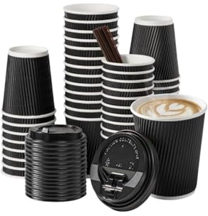 George Pack 100 Sets of 12oz Insulated Black Paper Coffee Cups with Lids, Disposable Hot Beverage Cup for Coffee, Tea - Leak-Proof Disposable Coffee Cups for Home, Office and Cafes
