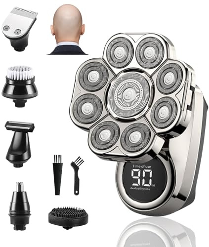 Rasoir Tete Chauve Homme, 9D Rasoir Électrique Homme, 6 in 1 Tondeuse Crane Chauve avec écran LED, IPX6 Tondeuse Crane Chauve Sec & Humide, tondeuse à barbe et nez, Longue durée de vie des piles