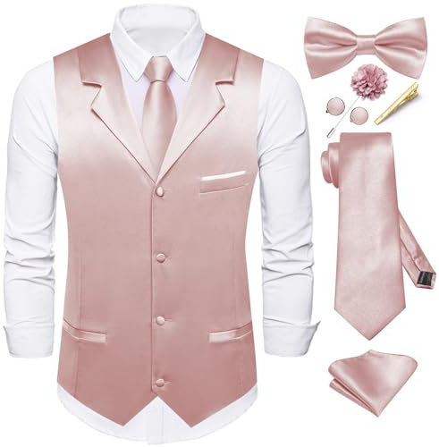 Dubulle Mens Satin Vest and Tie Solid Suit Waistcoat and Pre-tied Bowtie Set for Men Lapel Pin Wedding Party, Rose Gold, Medium