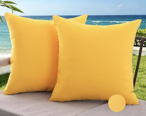 Avalune Kissenbezug Outdoor Kissen 50x50 Gelb Sofakissen Wasserfest Dekokissen Sommer Frühling Kissenhülle Kissenbezüge für Garten Sofa Balkon Terrassen Lounge Couch Deko Wohnzimmer 2er Set