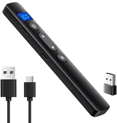 Presentador Inalámbrico Recargable con Puntero Laser y Pantalla Digital de Batería – Control Remoto para PowerPoint con Hipervínculo y Volumen – USB-C – Compatible para Mac/PC