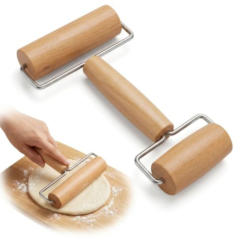 Rouleau a Patisserie Bois Double Tête, Petit Rouleau Patisserie avec 2 Rouleaux, Ustensile à Pâtisserie pour Pâte Pizza Biscuits Tartes Raviolis et Desserts