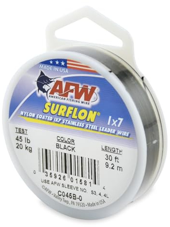 American Fishing Wire Surflon, Nylon Coated 1x7 Stainless Steel Leader Wire, 45 lb Test, .028 Diameter, Black, 30 ft