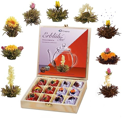 Coffret Cadeau Creano - Fleurs de Thé dans une Boîte à Thé en Bois | 12 Thés Fleuris dans 9 Sortes de Thé Blanc et Noir