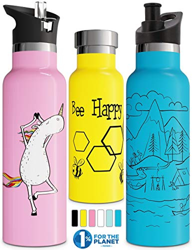 Vacuum Insulated Water Bottle with BPA Free Straw Lid Sports Cap Double Walled Stainless Steel Eco Friendly Sweat Proof Metal Thermos leak proof 600 ml 20oz, Yellow