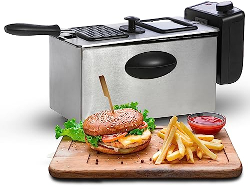 Geepas Deep Fat Fryer 3L | Food Grade Stainless Steel with Viewing Window and Safety Cut Out | Non-Slip, Easy Clean and Adjustable Temperature Control | Compact, 2100W | 2 Years Warranty, Silver