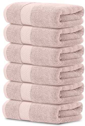 White Classic Luxury Hand Towels | Cotton Hotel spa Bathroom Towel | 16x30 | 6 Pack | Pink