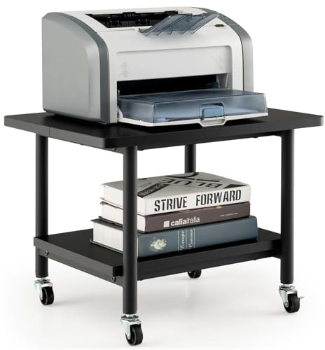 COSTWAY 2-Tier Mobile Printer Stand with Wheels, Rolling Desk Organizer Storage Shelf Printer Table Desktop Stand, Home Office Under Desk Cart Unit for Fax Machine and Files, 49x40x37cm (Black)