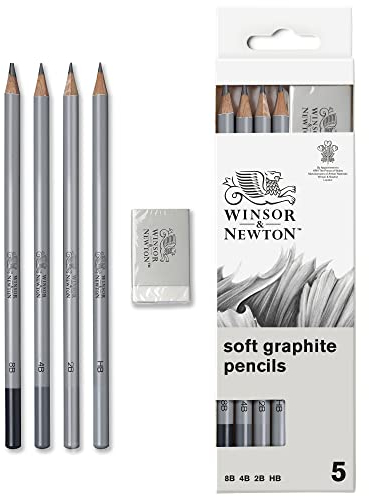 Winsor & Newton 0490004 Graphitstifte Set mit Radiergummi, 4 Skizzierstifte in 8B, 4B, 2B und HB, 1 Stück (1er Pack)