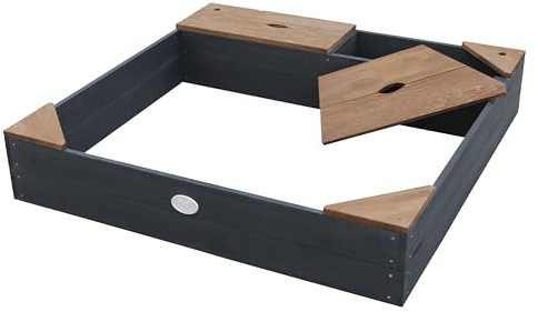 AXI Sandkasten Amy aus FSC Holz mit Abdeckplane in Anthrazit & Braun | Sand Kasten mit Abdeckung für Kinder mit Sitzbank, Sitzecken & Stauraum | 115 x 115 cm