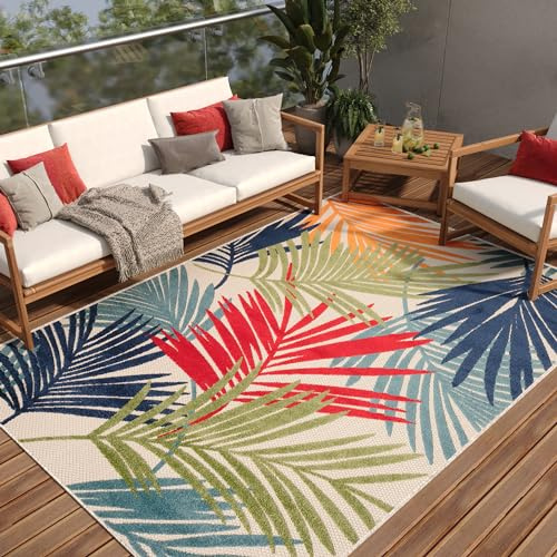 TAPISO Patio Teppich Outdoor Indoor Creme Mehrfarbig Blätter 200 x 300 cm | Robuster Teppich UV-beständig Flachgewebe Sisaloptik Wetterfest Terrasse Wintergarten Balkon OEKO-TEX