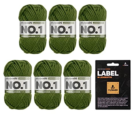 myboshi No.1 Wolle zum Häkeln und Stricken, Schnellstrickgarn, inkl. Label, Strickwolle, Häkelwolle, mulesing-frei, Ll. 55m /50g, 30% Wolle (Merinowolle) Grün (Jagdgrün), 6 Knäuel