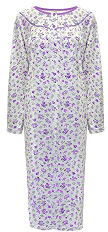 i-Smalls Women's Thermal Nightdress - 100% Brushed Cotton Flannelette Nightie - Long Sleeve Floral Winceyette Nightwear - Plus Size Ladies Nightdress - Sizes M to 3XL - (XXL) Purple