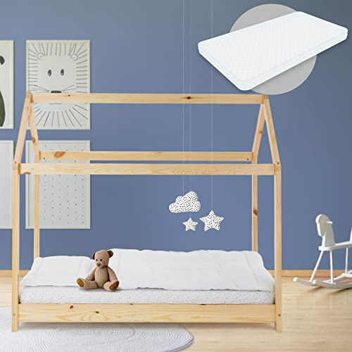 ML-Design Barnsäng 80x160 cm natur med madrass, tak och lamellram, hussäng för tjejer och killar, barnhus av furu, stabil ungdomssäng, massivträ barnsäng, sänghus leksäng