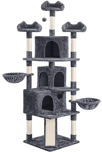 Abician Arbre à Chat Tour d'escalade XXL, 194 cm, avec 3 Niches/3 Plateformes/2 Paniers/Poteaux en Sisal/Perchoirs, Multiniveau, Intérieur, pour 3-4 Chats, Gris foncé