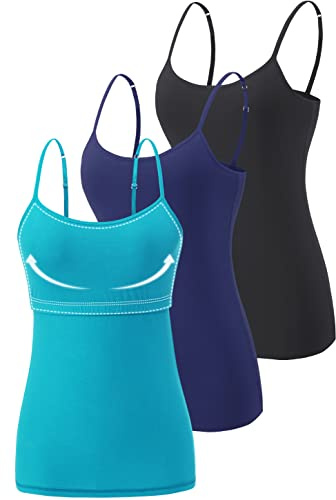 Vislivin Womens Cotton Camisole Adjustable Strap Tank Tops with Shelf Bra Stretch Undershirts Black/Dark Blue/Blue -1 M