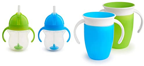 Munchkin Click Lock Tip and Sip Weighted Flexi Straw Cup, 7 oz/207 ml, Blue/Green & Miracle 360 Cup, Baby and Sippy Cup, Ideal Sippy, Water and Weaning Cup 6+ to 12 Months, 7 oz/207 ml, 2 Pack