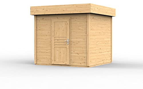 Woodtex Holz Gerätehaus Livo 1 | Gartenhaus | Wandstärke 28 mm | Naturbelassen | BxTx H: 283,5 x 277,6 x 246,5 cm | Sockelmaß: BxT: 254 x 248 cm | Inkl. Einflügeltür