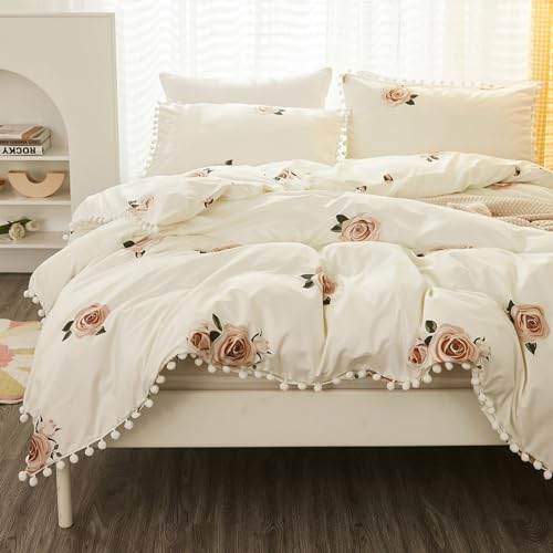 Freyamy Bettwäsche 220x240cm 3teilig Weiß Rosa Blumen Pompons Wendebettwäsche Microfaser Weiche Bettwaren-Sets Romantisch Mädchen Bettbezug mit Reißverschluss und 2 Kissenbezug 80x80cm