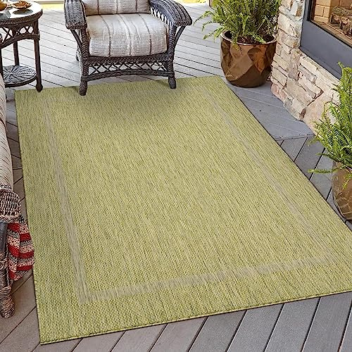 HomebyHome Outdoor Teppich Läufer 80x150 cm Grün Bordüre Design Flachgewebe Wetterfest Waschbar für Flur Eingang Balkon Küche