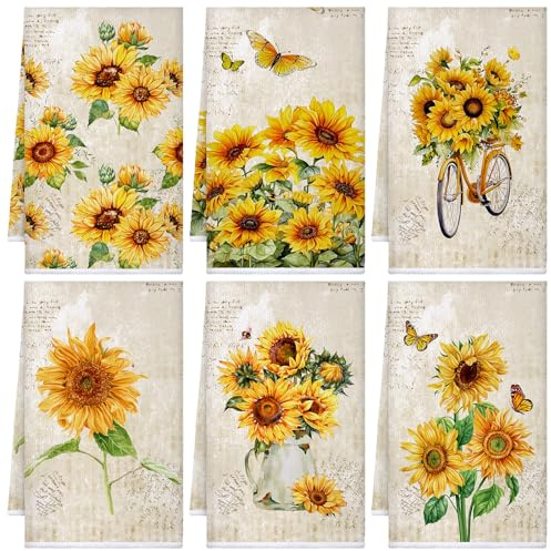 Bencailor 6 Pcs Sunflower Kitchen Towels Decorative Sets Dish Towels Absorbent Fast Drying Hand Tea Vintage Hanging Reusable Cleaning Dishcloths for Cooking Farmhouse Bathroom Accessory