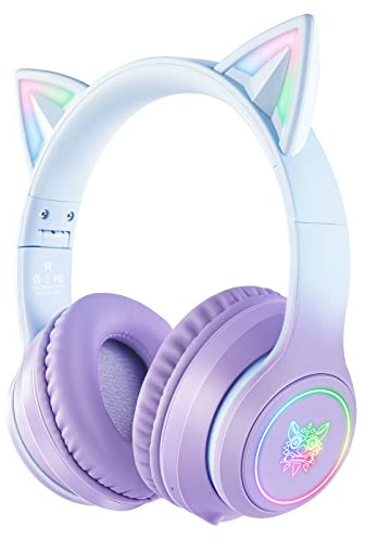 PHNIXGAM Wireless Bluetooth Kopfhörer für Kinder, mit 3,5mm verdrahtetem Modus nur für Audio, Faltbarer Kopfhörer mit Mikrofon, RGB Licht, für Schule Gaming, Kompatibel mit Handys PC Table (Lila)