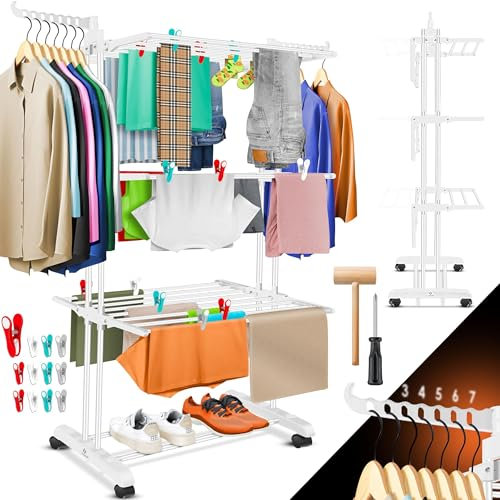 KESSER® Wäscheständer-Turm mit Rädern Platzsparender Wäschetrockner für Innen & Außen 4-Etagen 2 drehbare Seitenflügel und 6 klappbare Ebenen Standtrockner Wäscheturm Zusammenklappbar, inkl. Klammern