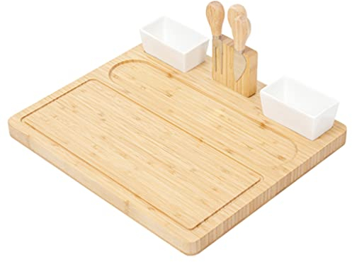 SOBOUR Espacioso Tablas de charcutería Grandes, Tabla de Queso de bambú y Juego de Cuchillos, Plato de Bandeja de Queso, Utensilios de Tabla de Queso magnética, Cuencos de cerámica Multifunción