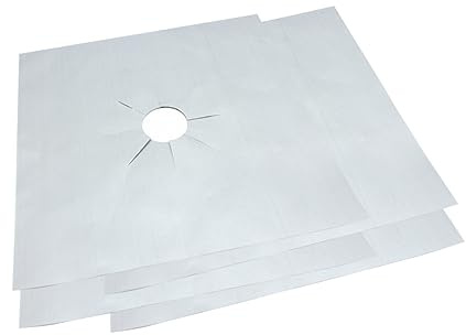 Protecteur de Plaque de Cuisson à Gaz Argenté 27x27cm Trou Central | Feuille Réutilisable Antiadhésive, Trou Central Prédécoupé, Ptfe et Résine, 1 Pièce, pour Plaque de Cuisson Gaz