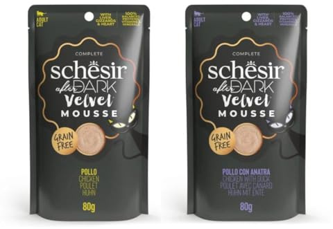 Schesir After Dark | Nassfutter für Katzen | Velvet Mousse | 2er-Pack | 24 x 80 g | (24 x 80 g, Mousse Huhn + Mousse mit Ente)