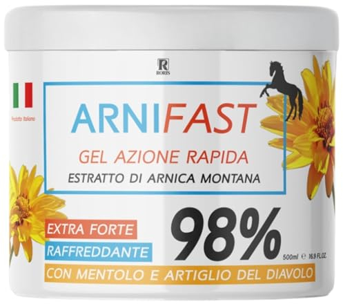 Arnifast Arnica para caballos uso humano, 98% extra fuerte, extracto de árnica real, acción rápida, gel refrescante, 500 ml, fabricado en Italia