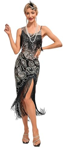 Viloree - Vestido de los años 1920 con flecos y lentejuelas, estilo flapper, elegante, de los años 20, vestido de fantasía, traje de Gatsby, vintage, con cuentas, vestido de noche para cóctel, Negro Y