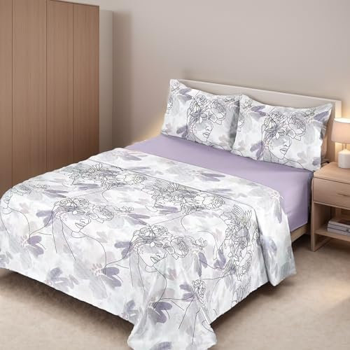 H HANSEL HOME Juego de Sábanas de Microfibra 4 Piezas para Cama 135cm Transpirable - Incluye 1 Encimera, 1 Bajera Ajustable y 2 Fundas de Almohada - Flor Lila