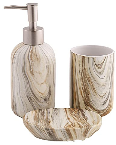 KIUGOP 3-Teiliges Badezimmer Zubehörset Keramik Badset Holz Maserung Optik Bad Accessoires Set Badzubehör Set Aus Zahnputzbecher Seifenspender Seifenschale,Beige