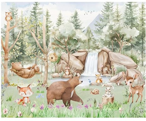 Fototapete Kinderzimmer, Wald, Waldtiere Bäume, Tapeten für Kinder Babyzimmer Vlies Tapeten wandtapete Mädchen und Jungen. Tapete nach Maß 1m2