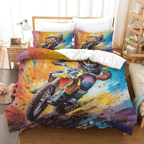 RNDKAUUIE Motocross 3D-tryckta sängkläder barn 3-delat påslakan sängkläder set för flickor/pojkar, mountainbike, täcke, dragkedja, påslakan med örngott, mikrofiber, enkel (140 x 200 cm)