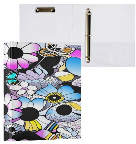 Ringbuch mit drei Ringen, 3,5 cm, mit Taschen, 1/2 Stück, Schulhefter, Hardcover, Blau, Lila, Schwarz, Gänseblümchen
