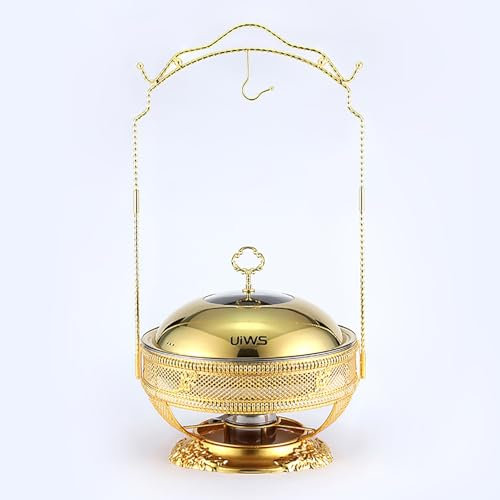 XQKXHZ Luxury Gold Round Chafing Dishes, Premium Stainless Steel Food Warmers, Unique Design, with Lid & Fuel Holder, for Gatherings Banquets,Buffets,Parties,Weddings,Birthday, Easy to Assemble,6L