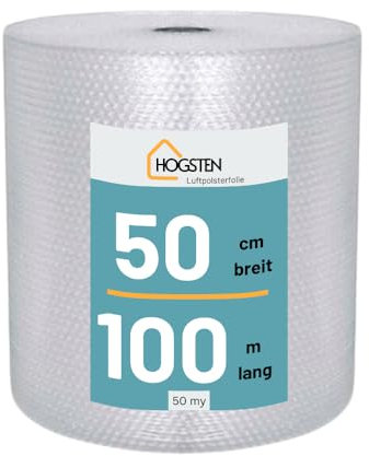 HOGSTEN Luftpolsterfolie Rolle 50cm x 100m - Noppenfolie für Versand, Verpackung und Umzug -100% recycelbar - Bubble Wrap Polstermaterial Verpackungsmaterial (100m x 50cm, 50my)